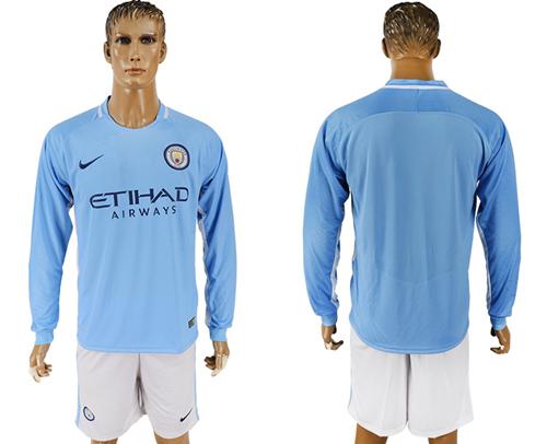 Manchester City Blank Home Long Sleeves Soccer Club Jersey - Click Image to Close